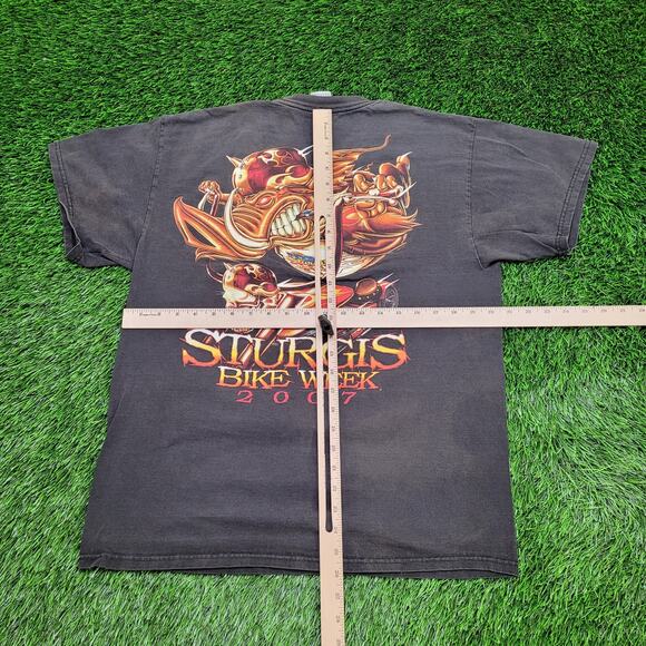 2007 Sturgis Biker Rally Shirt M/L 21x26 Faded Black Flame Hog Motorcycle - Picture 3 of 16